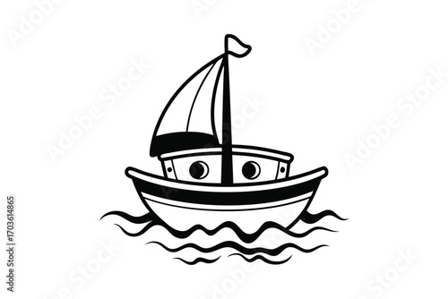 Cartoon sailboat with flag navigates the wavy ocean waters in a simple style