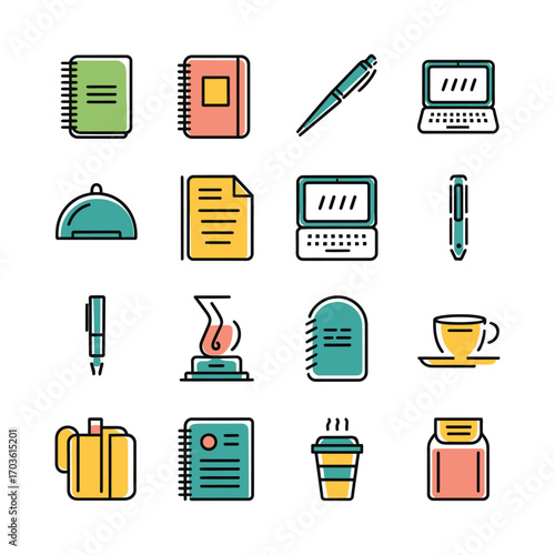 Collection of business and office supplies icons for digital and print projects
