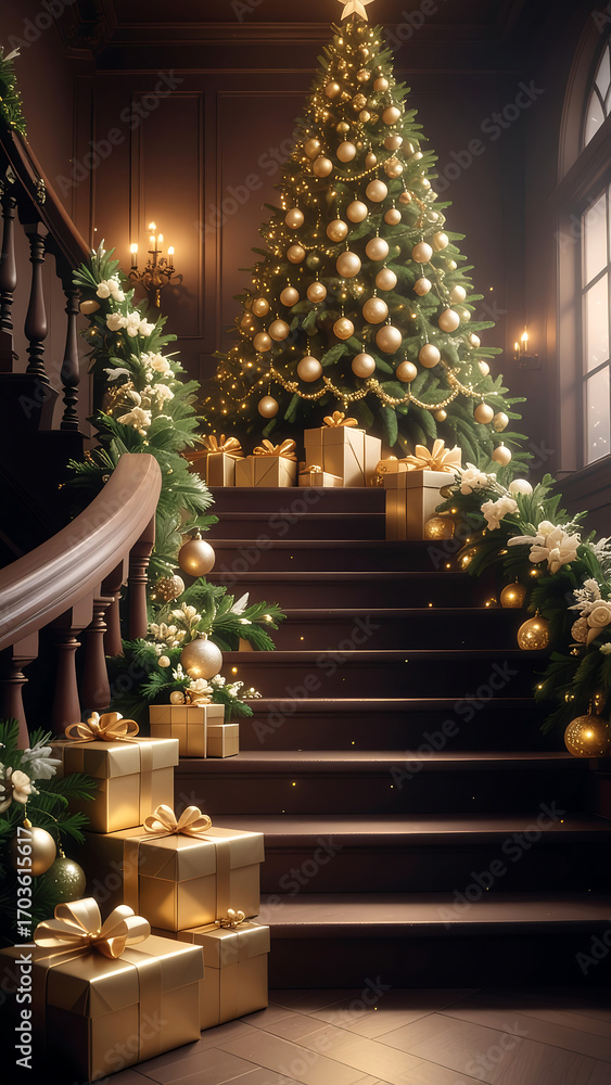Fototapeta premium A beautifully decorated Christmas tree and gifts adorn a grand staircase, creating a festive holiday scene.