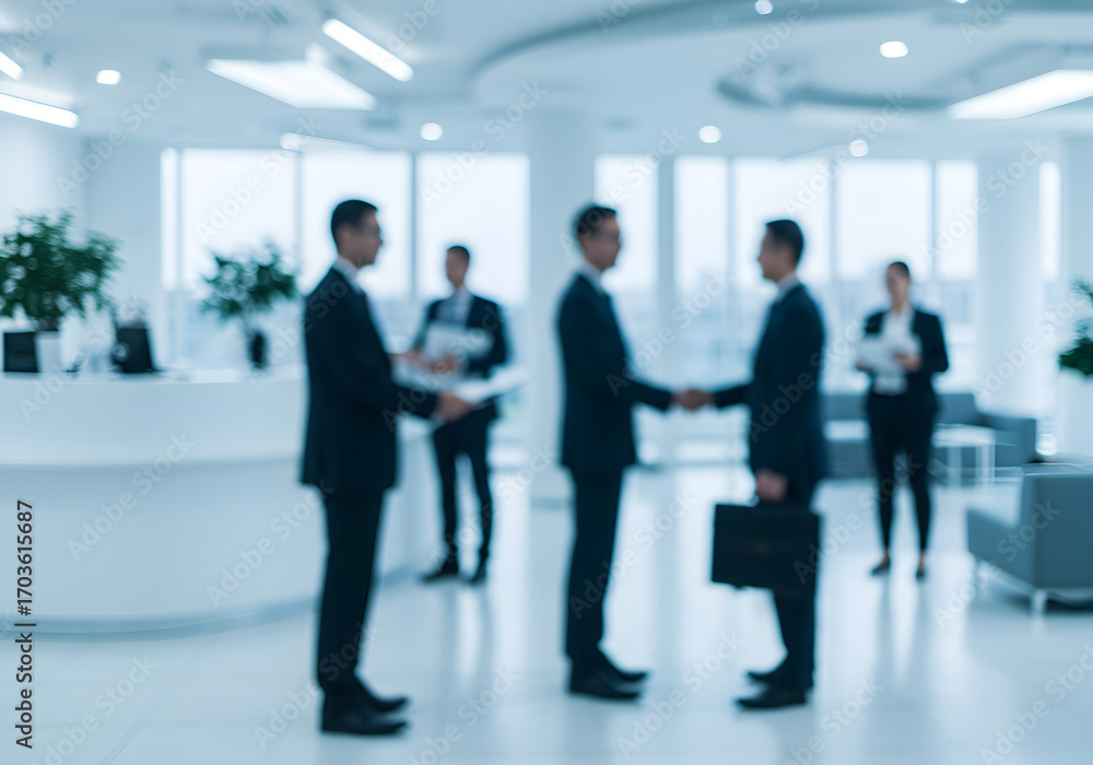 Fototapeta premium Motion blur of people in a bright, modern office, suggesting a dynamic and busy environment.