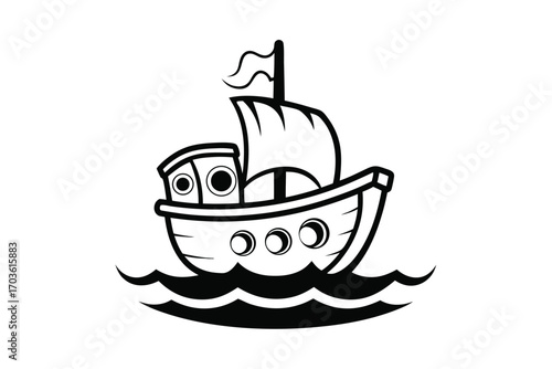 Cartoon steamboat floats gracefully on wavy water in a simple, bold, monochrome drawing