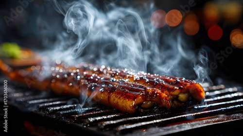 Mesmerizing Portrayal of Succulent Grilled Eel Basted with Glossy Sauce over Traditional Charcoal Grill with Wispy Steam and Intense Smoke