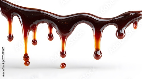 Elegant Depiction of Drip Drops of Rich Brown Unagi Sauce Isolated on Pristine White Background with Clipping Path Technique