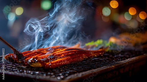 Mesmerizing Portrayal of Succulent Grilled Eel Basted with Glossy Sauce over Traditional Charcoal Grill with Wispy Steam and Intense Smoke