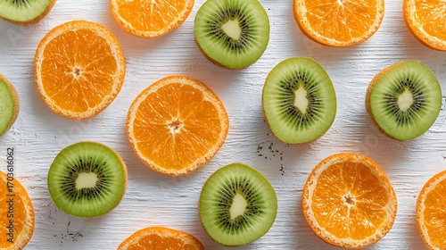 Intricate and Vibrant Tropical Fruit Pattern Featuring Juicy Oranges and Kiwi Slices on Pristine Wooden Background for Print and Digital Design Applications