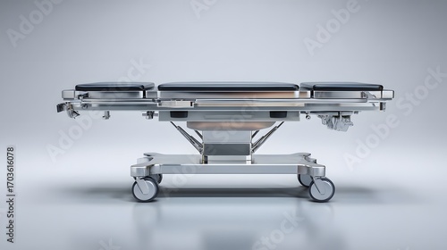 Futuristic Stainless Steel Operating Table with Casters on a Neutral Background Illustrating the Essence of High-Hygiene and Efficient Surgical Environments