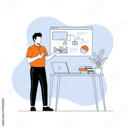 Man presenting business analytics and strategy on a screen