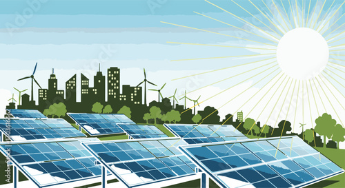 Illustration of renewable energy sources powering a sustainable urban environment