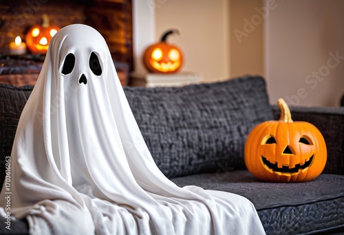 Portrait of a cute ghost sitting on a sofa with a jack-o-lantern with copy space