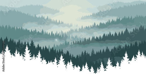 Misty forest landscape with layers of pine trees and soft morning light backdrop providing a