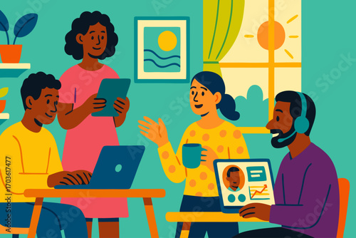 Flat Vector Illustration of Remote Work Team in Cozy Home Office