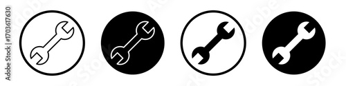 Wrench icon collection in black and white filled and outlined style for web.