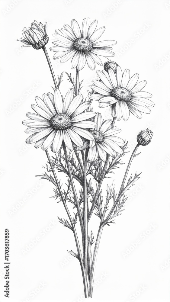 custom made wallpaper toronto digitalDelicate Daisy Floral Sketch with Botanical Details on a White Background