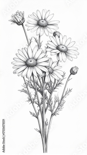 Wallpaper Mural Delicate Daisy Floral Sketch with Botanical Details on a White Background Torontodigital.ca