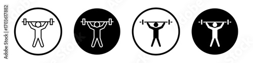 Weightlifter icon collection in black and white filled and outlined style for web.