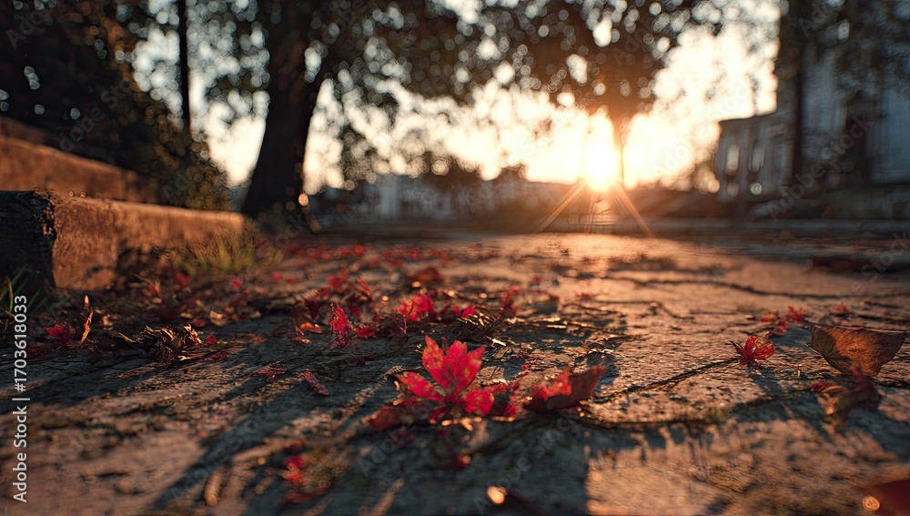 Fototapeta premium Autumn leaves path sunset village background