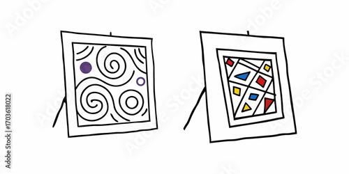 Two framed art pieces on display one with swirls and circles the other with geometric shapes and colors