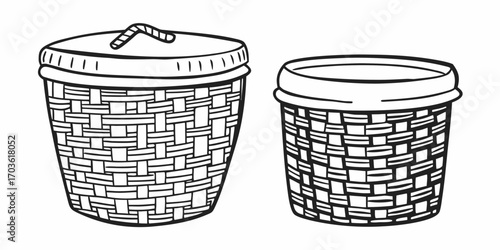 Two woven baskets one with a lid and straw a simple black and white drawing of containers and objects