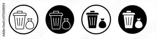 Waste icon collection in black and white filled and outlined style for web.