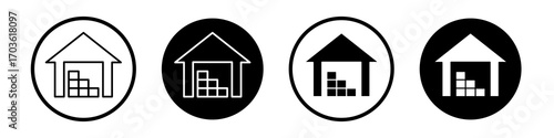 Warehouse icon collection in black and white filled and outlined style for web.