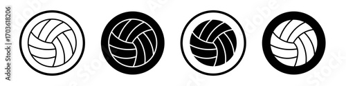 Volleyball ball icon collection in black and white filled and outlined style for web.