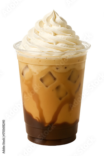 Iced coffee with whipped cream and chocolate syrup in a clear plastic cup