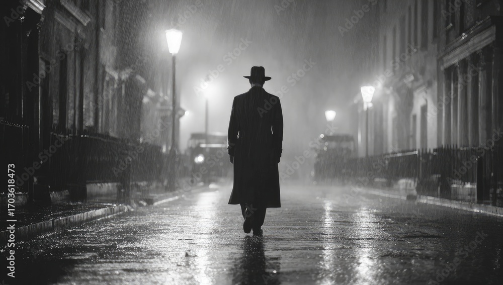 Naklejka premium Man walks rainy city street, night, film noir background, mystery
