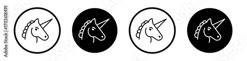 Unicorn icon collection in black and white filled and outlined style for web.