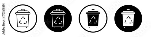 Trash compactor icon collection in black and white filled and outlined style for web.