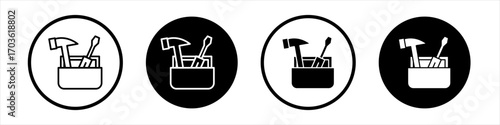 Toolbox icon collection in black and white filled and outlined style for web.