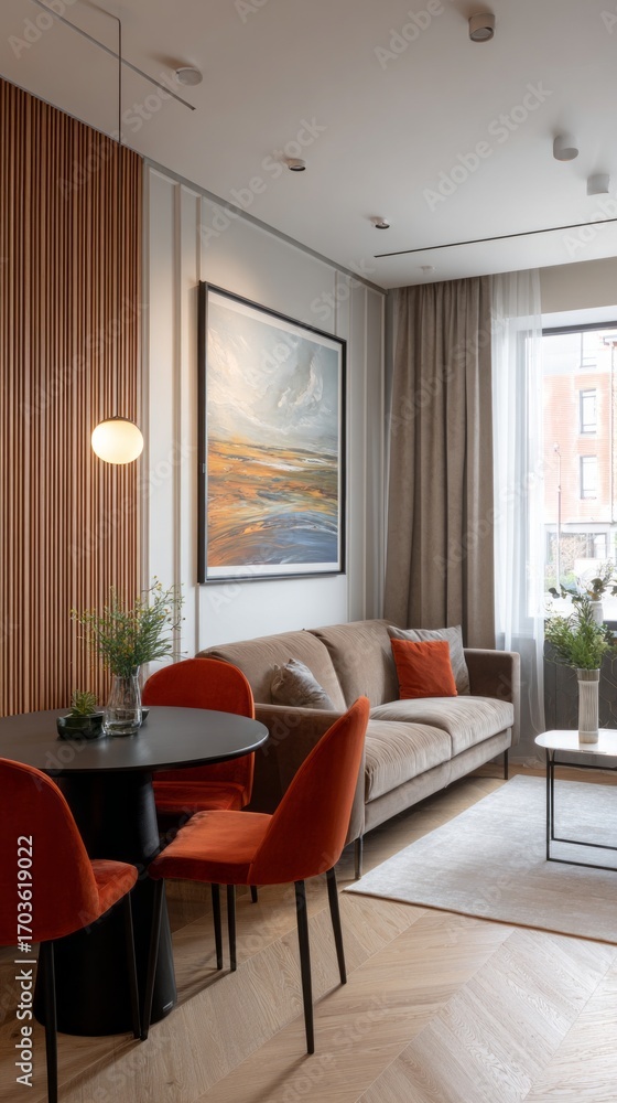 Fototapeta premium Modern living room interior design in a cozy space with warm colors and elegant decor on a sunny day