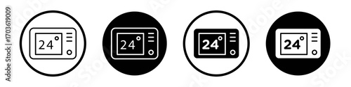 Thermostat icon collection in black and white filled and outlined style for web.