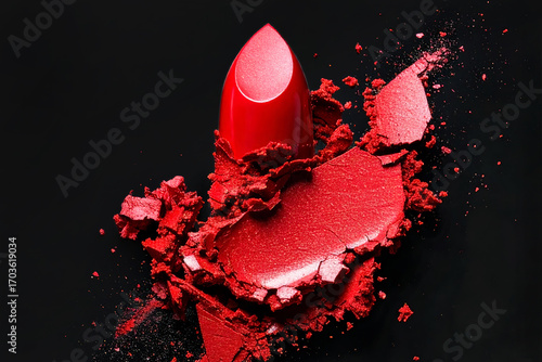Creative photo of cosmetics makeup beauty products smashed red lipstick swatches beauty fashion concept on black background.