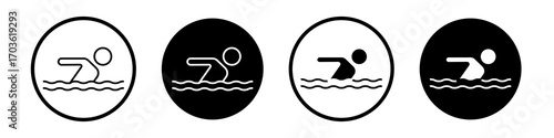Swim icon collection in black and white filled and outlined style for web.