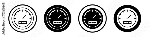 Speedometer icon collection in black and white filled and outlined style for web.