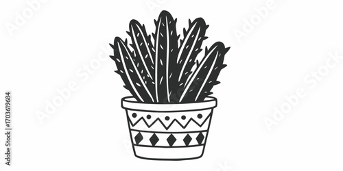 Illustration of a potted cactus plant with decorative pot and spiky leaves in black and white style
