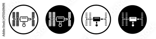Space station icon collection in black and white filled and outlined style for web.