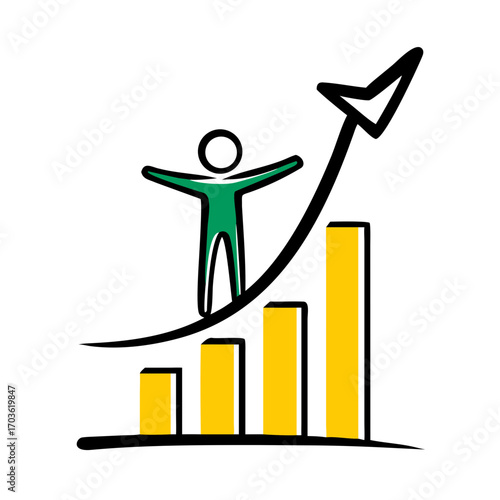 A simple cartoon illustration of a stick figure standing on a rising graph line, symbolizing growth and success