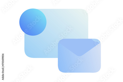 Abstract illustration of a blue circle and a blue envelope on a light blue translucent rectangle