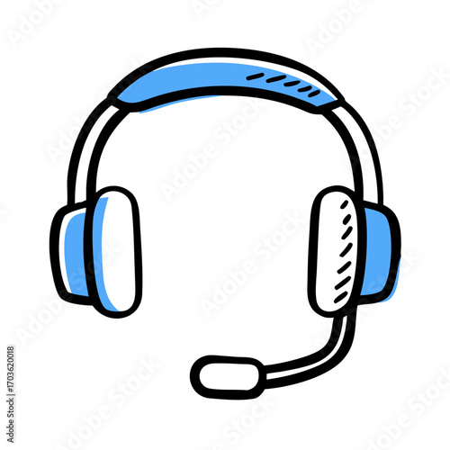 A simple blue and white cartoon drawing of a headset with a microphone, isolated on a