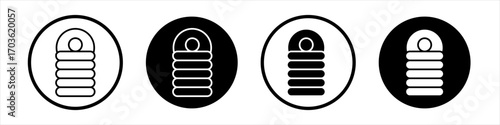 Sleeping bag icon collection in black and white filled and outlined style for web.