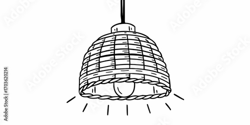 Illustration of a hanging wicker lamp with a visible light bulb and light rays emanating downward