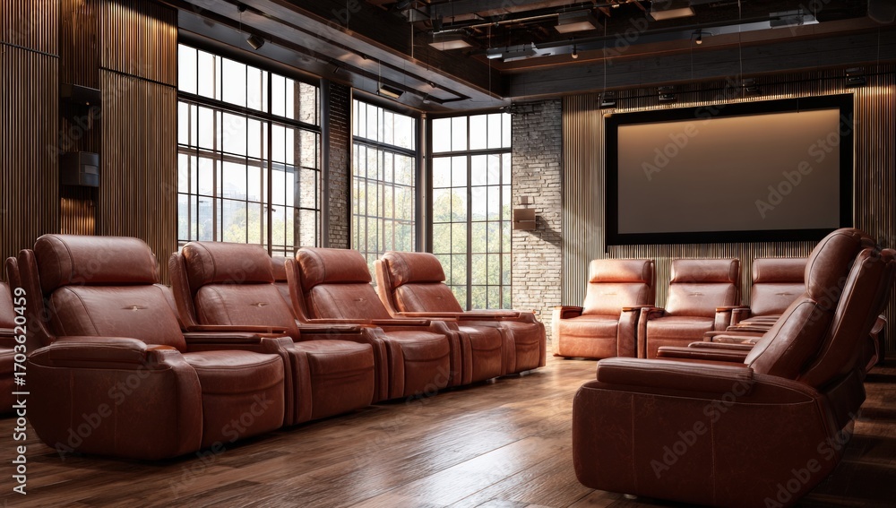 Fototapeta premium Luxurious home theater room with leather recliners