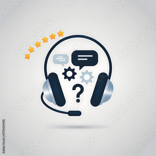 Customer satisfaction and quality service concept with headset, chat symbols, and a five-star rating for excellent support