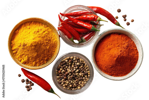 Overhead view of colorful spices in bowls