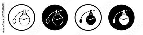 Round perfume bottle icon collection in black and white filled and outlined style for web.