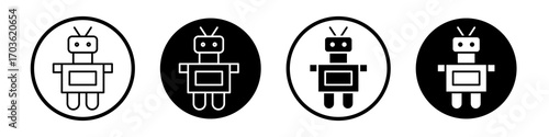 Robot icon collection in black and white filled and outlined style for web.