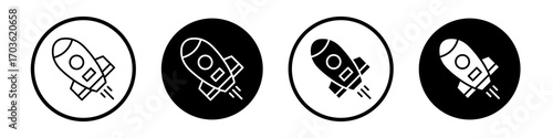 Rocket icon collection in black and white filled and outlined style for web.