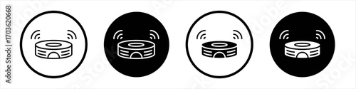 Robot vacuum cleaner icon collection in black and white filled and outlined style for web.