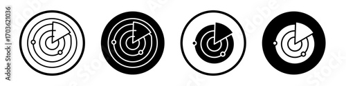Radar icon collection in black and white filled and outlined style for web.